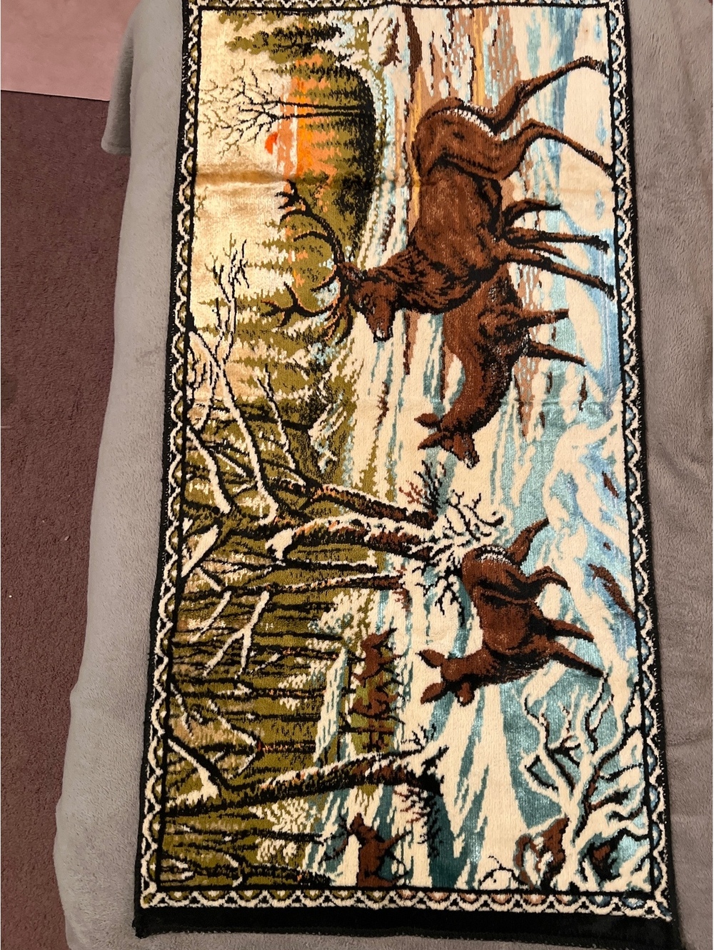 Handmade Tapestry Rug with Deer and Forest Scene